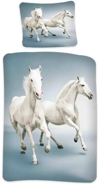 Billede af Heste sengetøj - 140x200 cm - Hvide galoperende heste - 2 i 1 design - Sengesæt i 100% bomuld